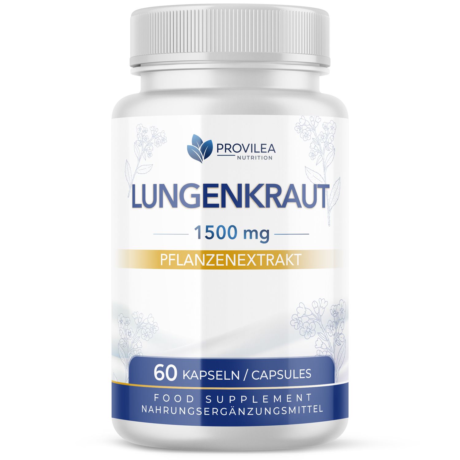 Weiße Flasche mit Lungenkraut Kapseln. Aufschrift: 1500 mg Pflanzenextrakt, 60 Kapseln. Marke: Provilea Nutrition.