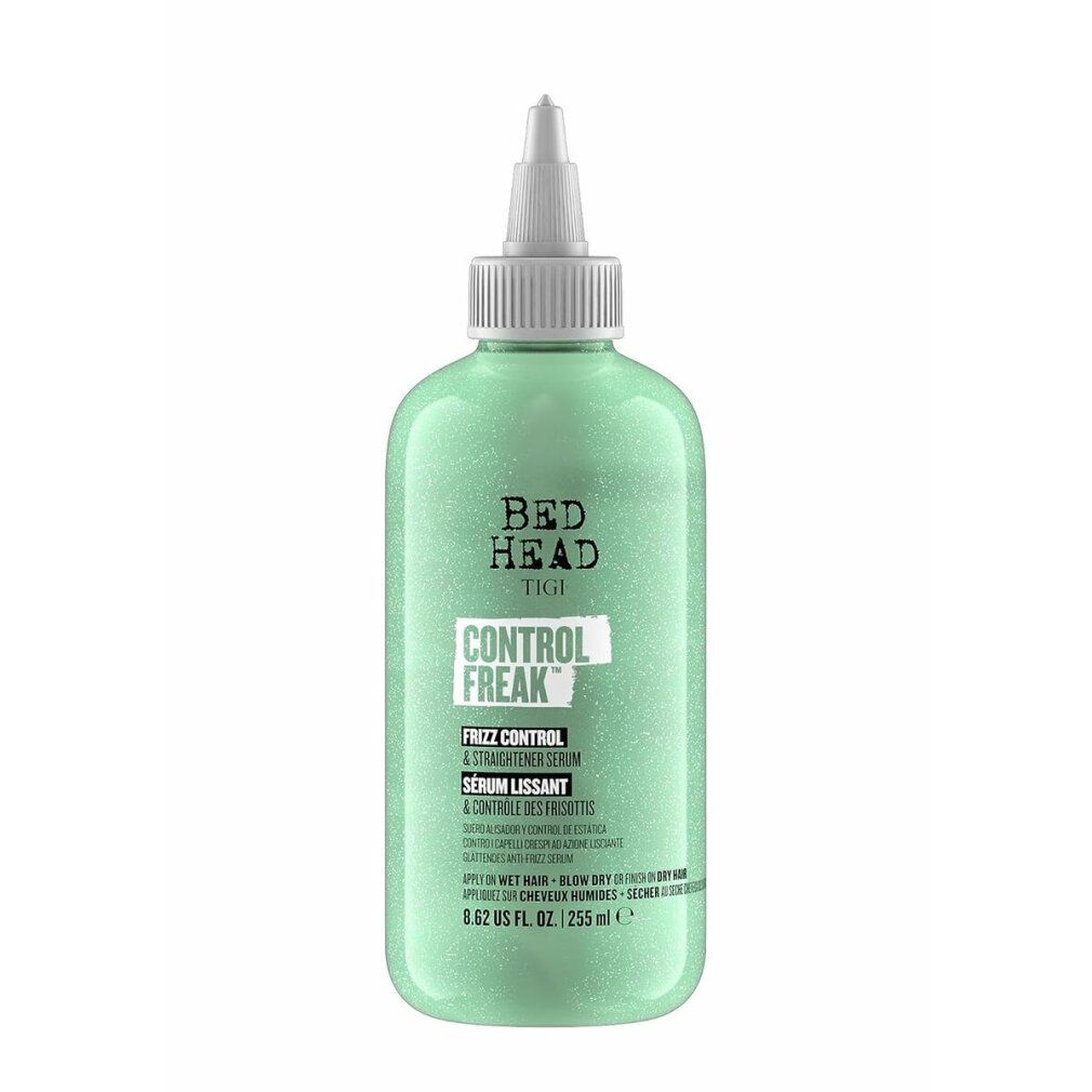 Bed Head Tigi Control Freak Serum. Flasche mit Dosierspitze. Grünliche Flüssigkeit. Text: Control Freak, 255 ml.