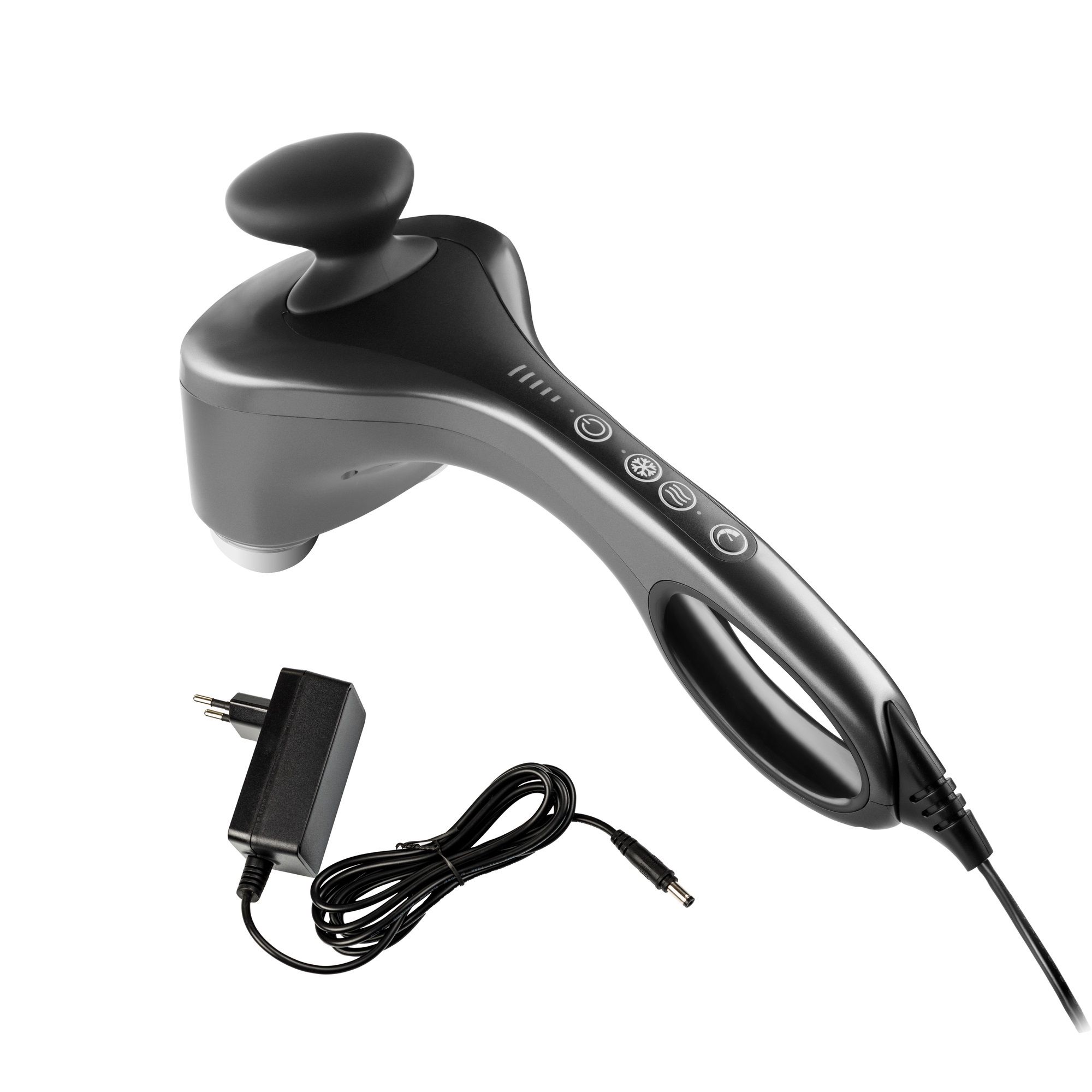 Schwarzes Handmassagegerät mit Ladegerät. Ergonomisches Design mit Bedienknöpfen und LED-Anzeige. Stromkabel und Netzteil.