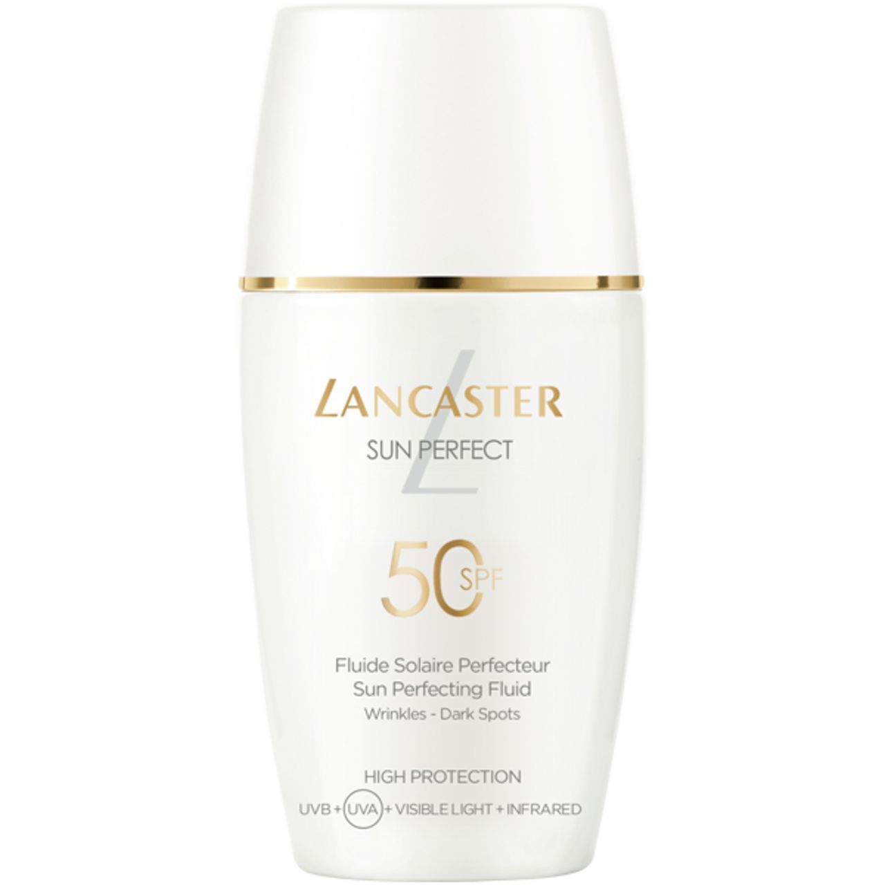 Weiße Flasche von Lancaster Sun Perfect 50 SPF. Text: Sun Perfect, 50 SPF, Fluide Solaire Perfecteur.