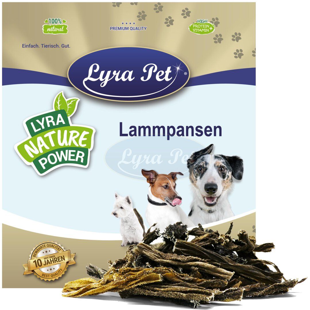 Verpackung mit Produktname 'Lammpansen' und Hundeabbildungen. Logo 'Lyra Pet' und 'Nature Power'. Text: 'Einfach. Tierisch. Gut.'