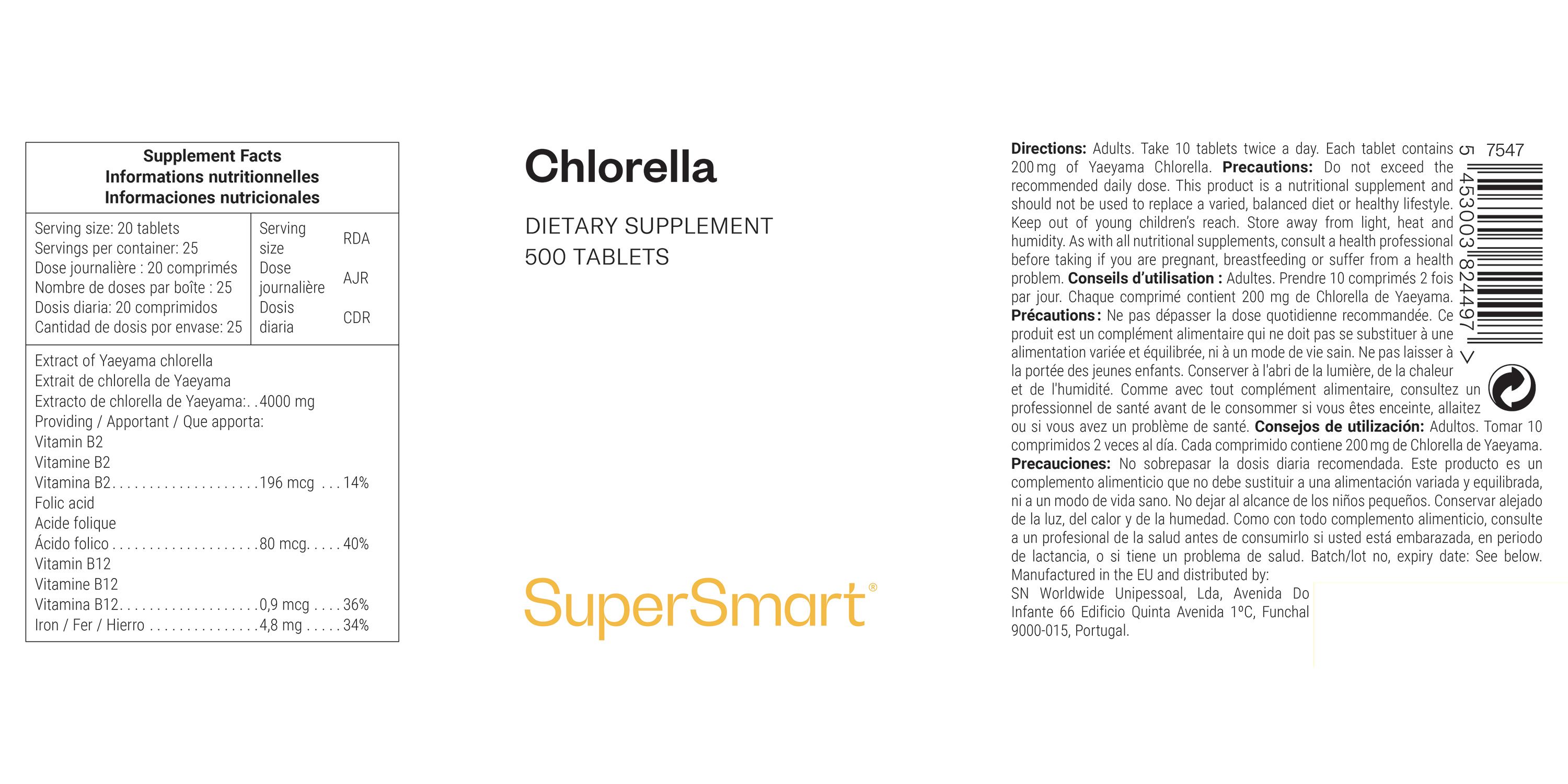 Chlorella-Tabletten-Packung. Text: "Chlorella", "Nahrungsergänzungsmittel", "500 Tabletten". Marke: SuperSmart. Nährwertangaben.