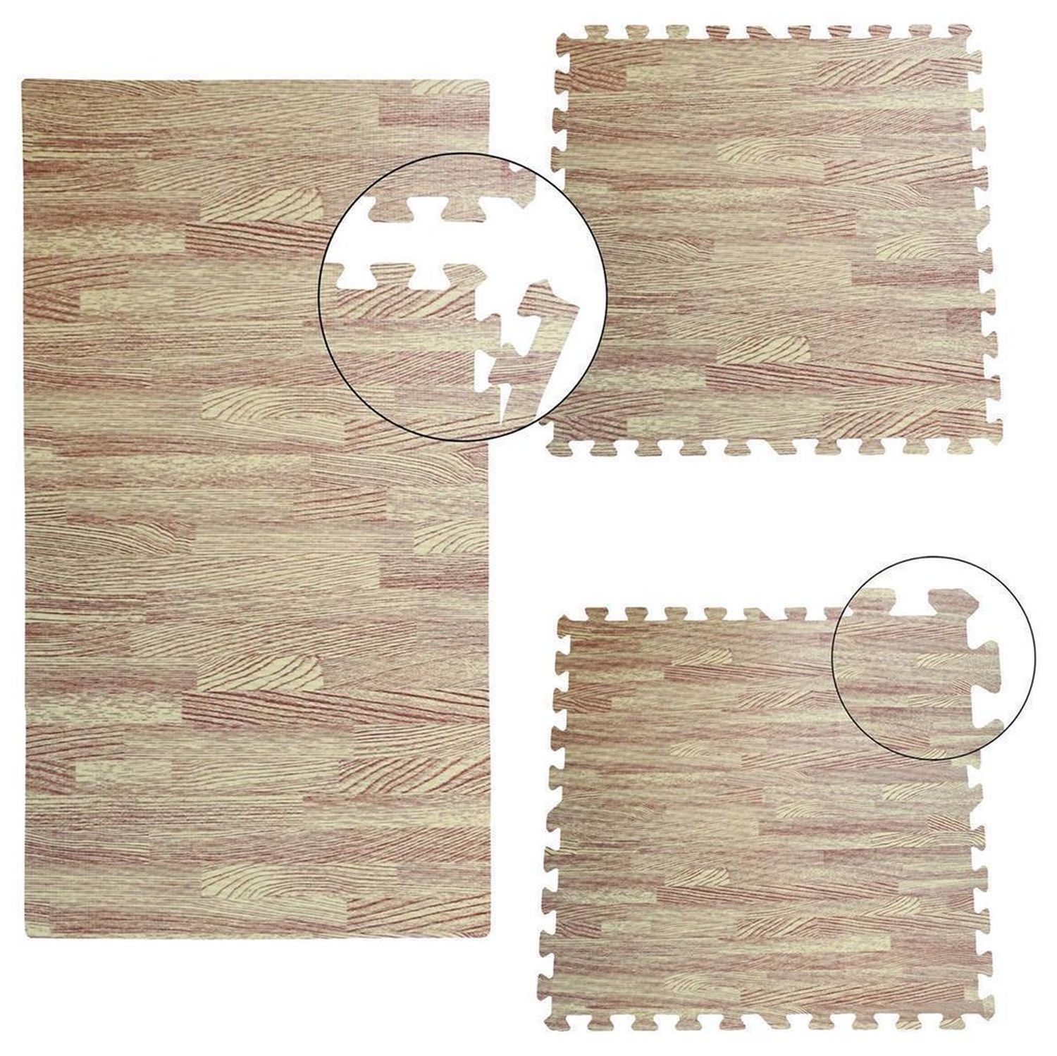 Drei Puzzleteile mit Holzoptik. Ausschnitte zeigen die Verbindungstechnik. Die Teile sind quadratisch und rechteckig.