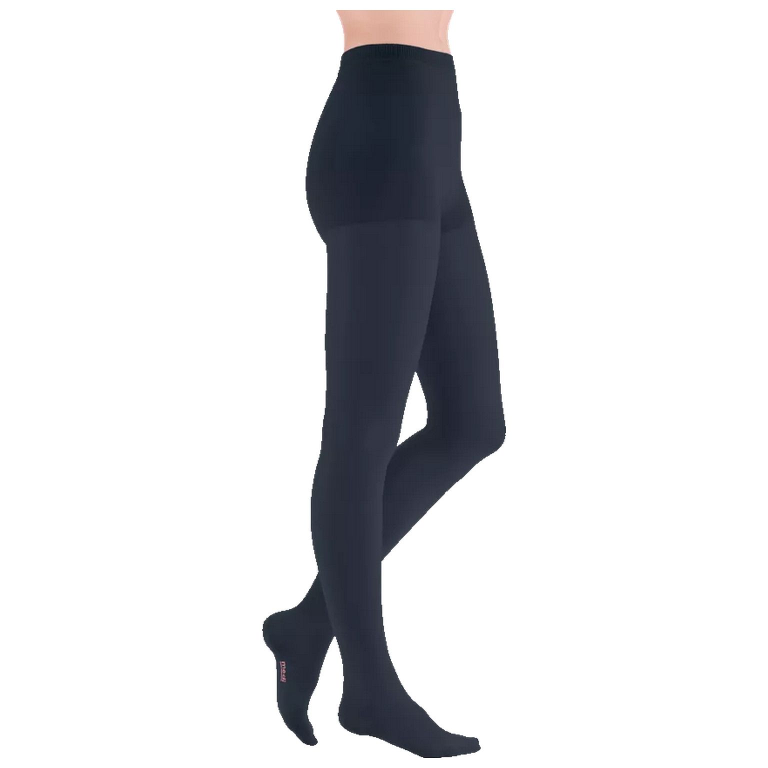Schwarze Kompressionsstrumpfhose. Blick von der Seite. Zeigt den Strumpf bis zur Taille.