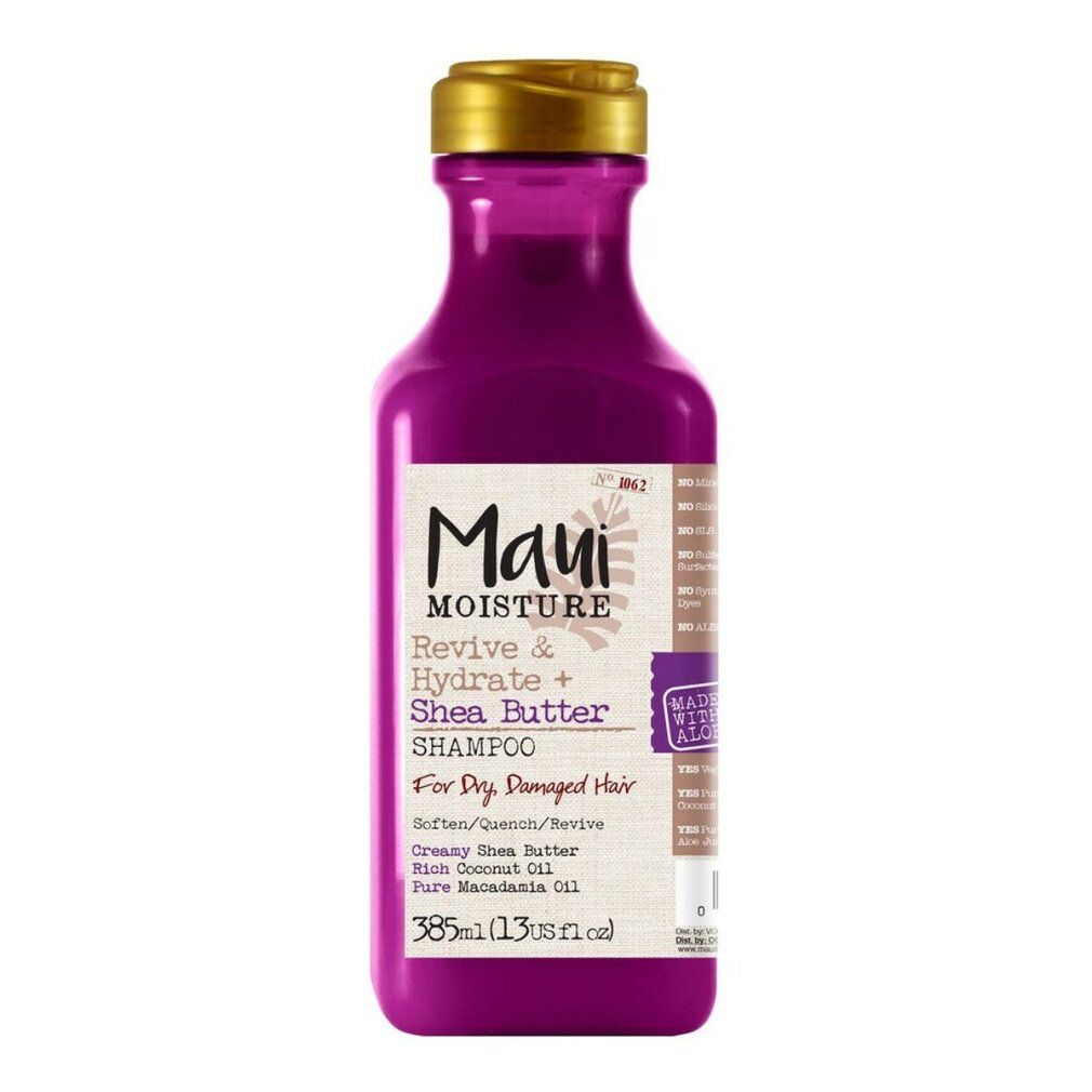 Flasche Shampoo, lila Flüssigkeit, goldener Deckel. Aufschrift: Maui Moisture Revive & Hydrate + Shea Butter Shampoo.