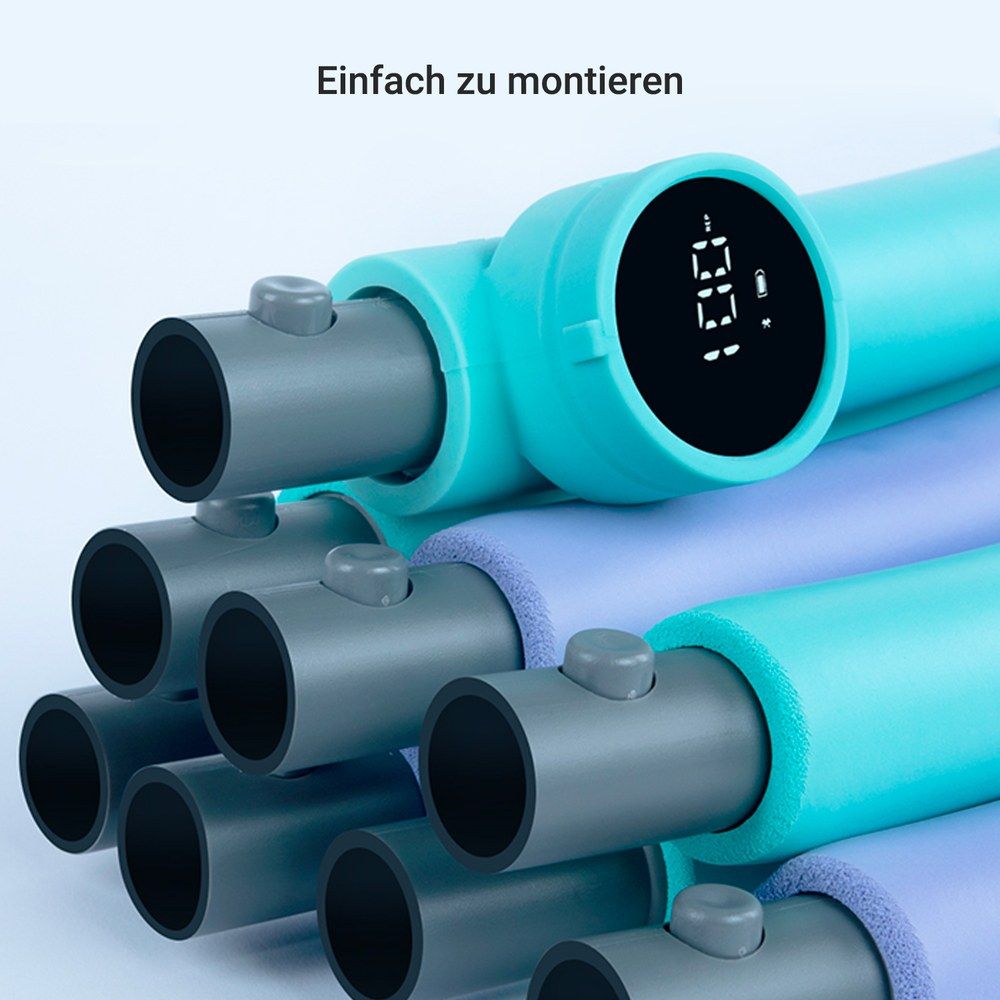 Nahaufnahme der Verbindungsstücke eines Hula-Hoop-Reifens mit digitaler Anzeige.