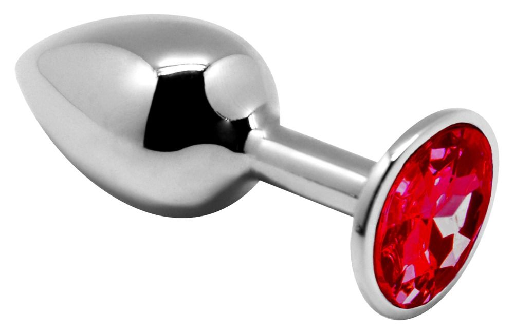 Metall-Analplug mit rotem Schmuckstein. Silberfarbenes Metall, roter Stein, ovale Form.