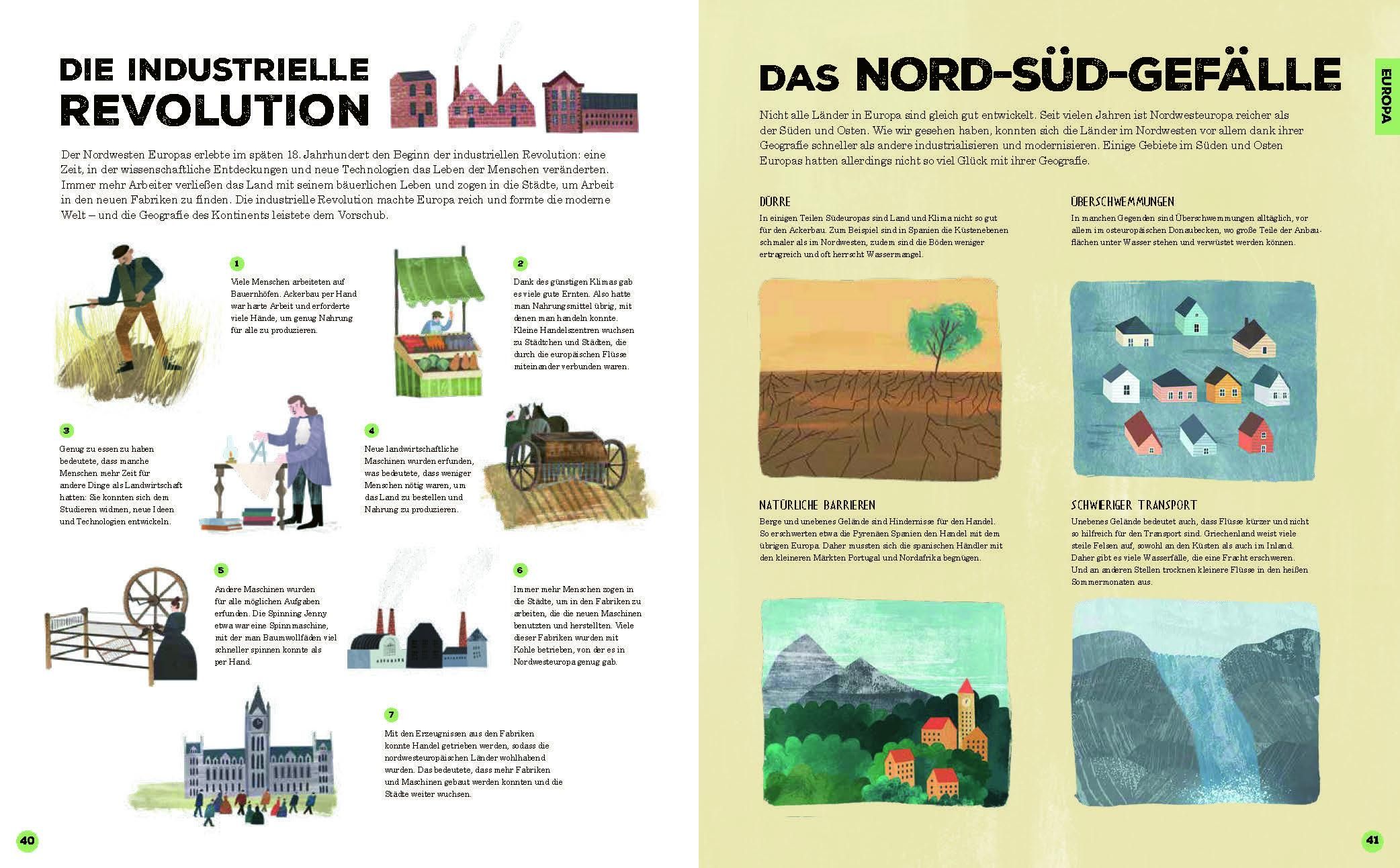 Doppelseite aus dem Buch. Illustrationen zur industriellen Revolution und Nord-Süd-Gefälle. Titel: "Die industrielle Revolution" und "Das Nord-Süd-Gefälle".