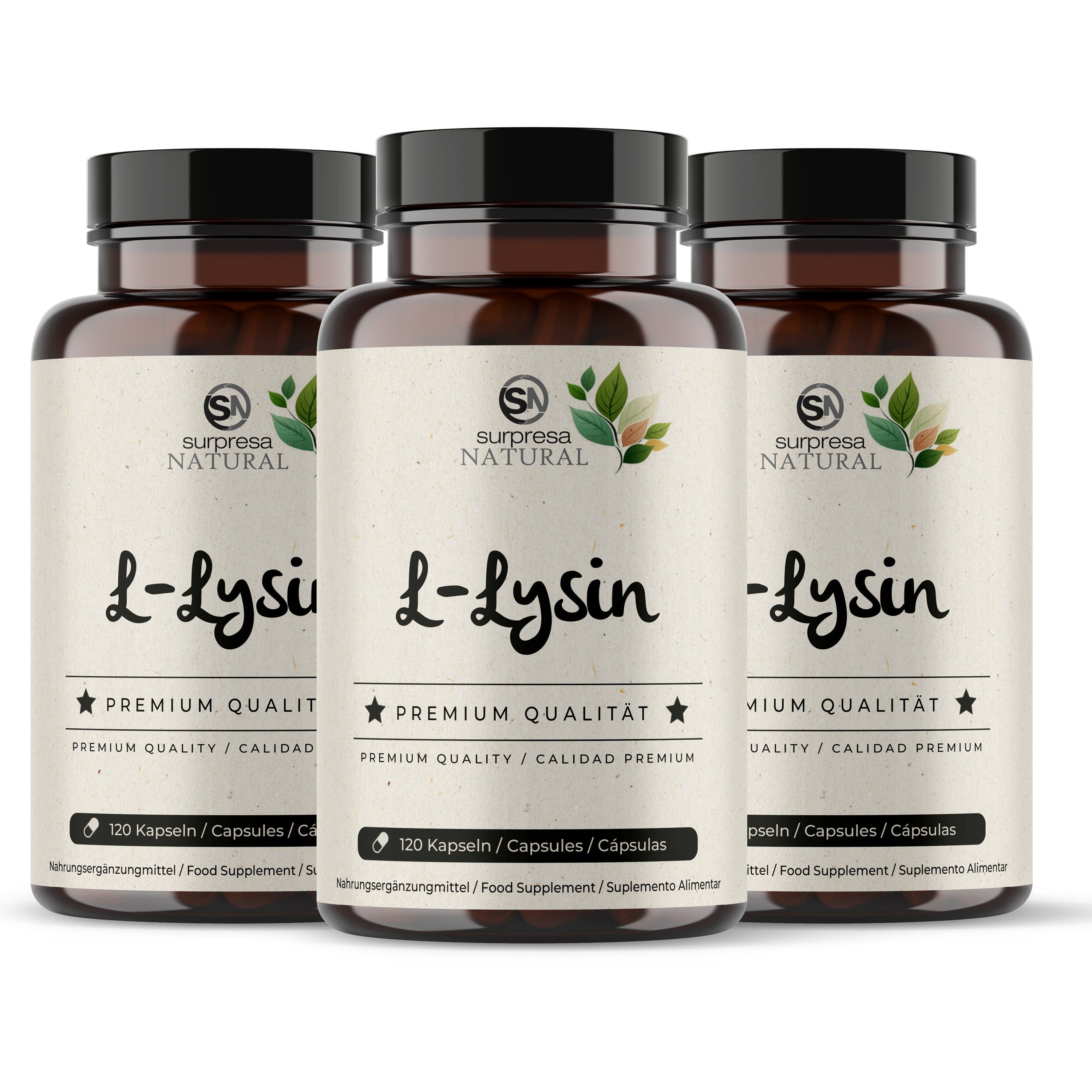 Drei braune Dosen mit L-Lysin Kapseln.