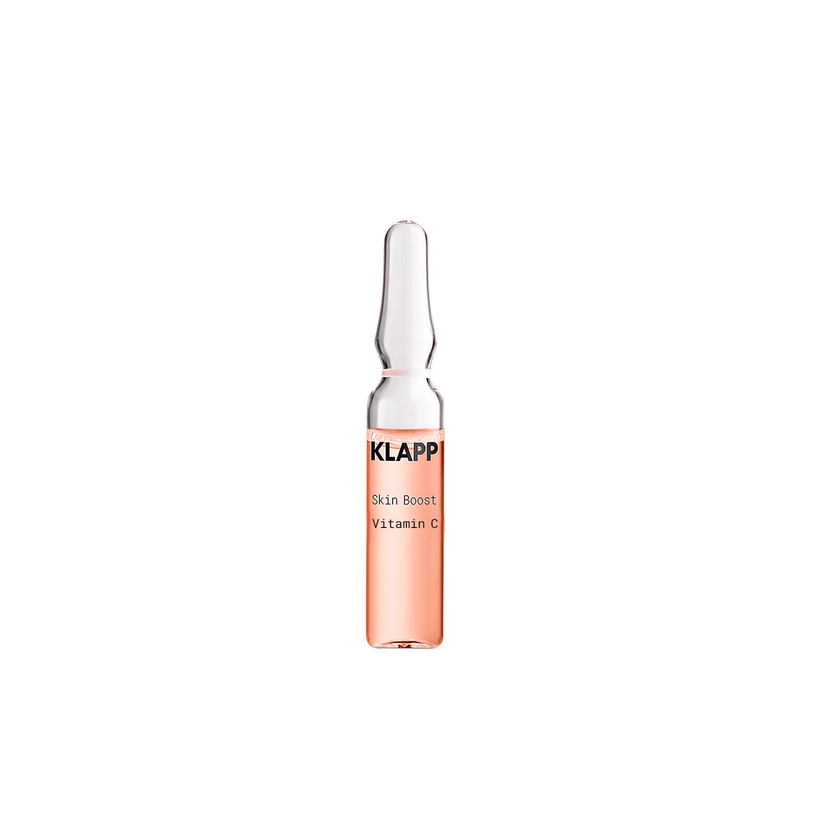 Glasampulle mit rosa Flüssigkeit. Beschriftung: KLAPP Skin Boost Vitamin C.