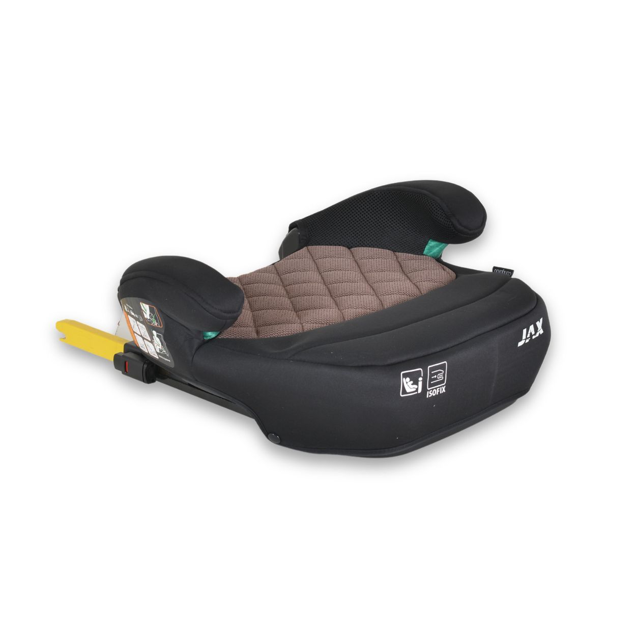 Kindersitz-Booster mit Getränkehalter, i-Size- und ISOFIX-Logos, Seitenansicht.