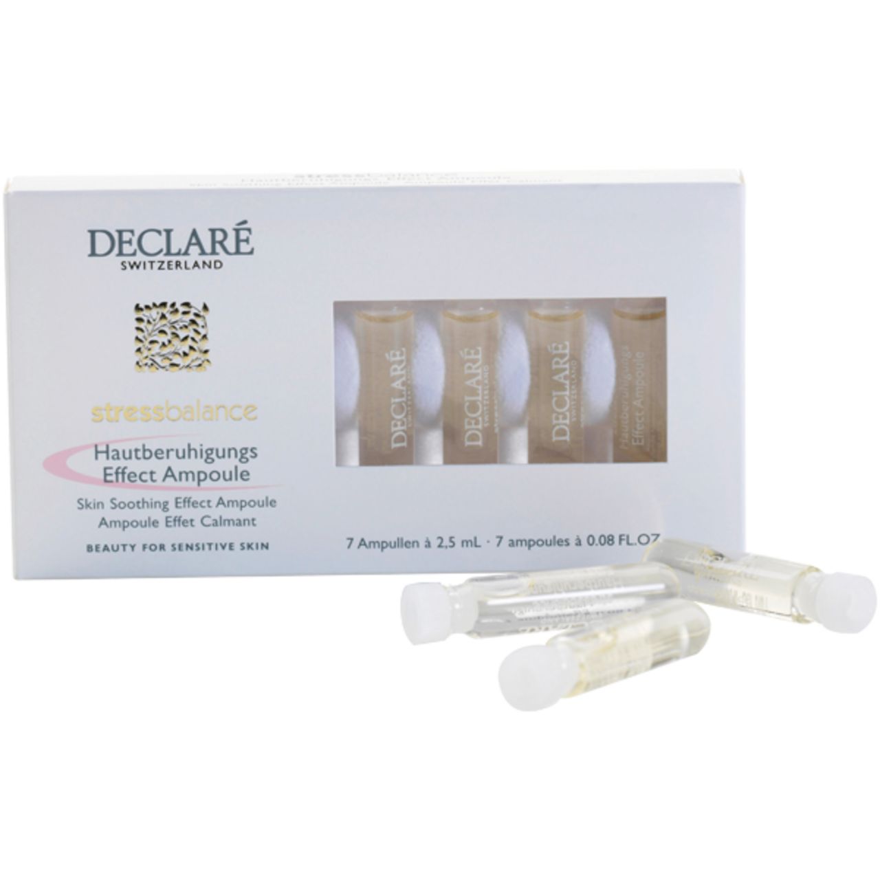 Packung mit sieben Ampullen. Sichtbar: Marke Declare, Schriftzug 'stressbalance', 'Hautberuhigungs Effect Ampulle'.