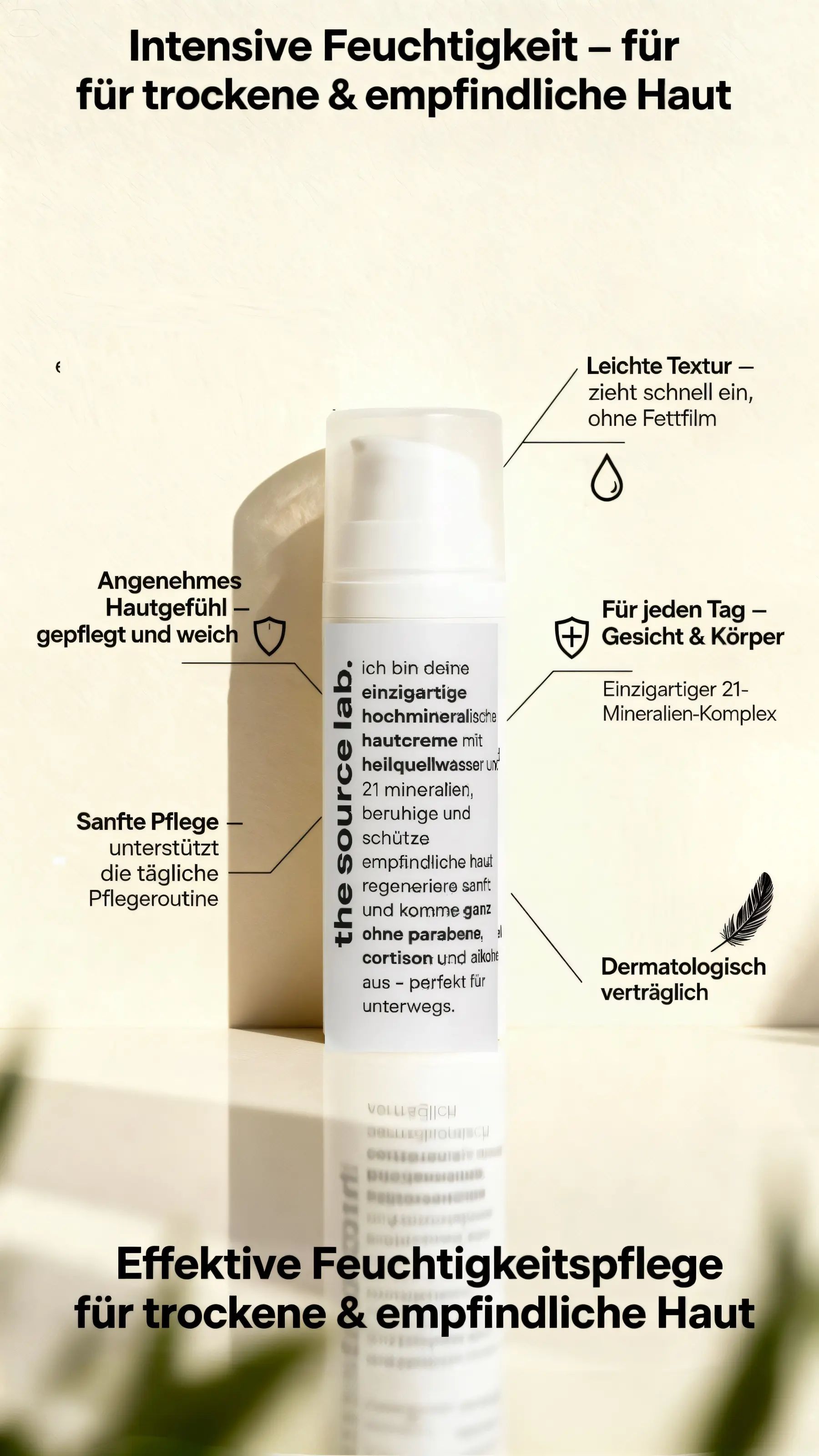 Weiße Flasche mit Pumpe. Text: Intensive Feuchtigkeit, für trockene & empfindliche Haut. Logos: dermatologisch verträglich, 21 Mineralien-Komplex.