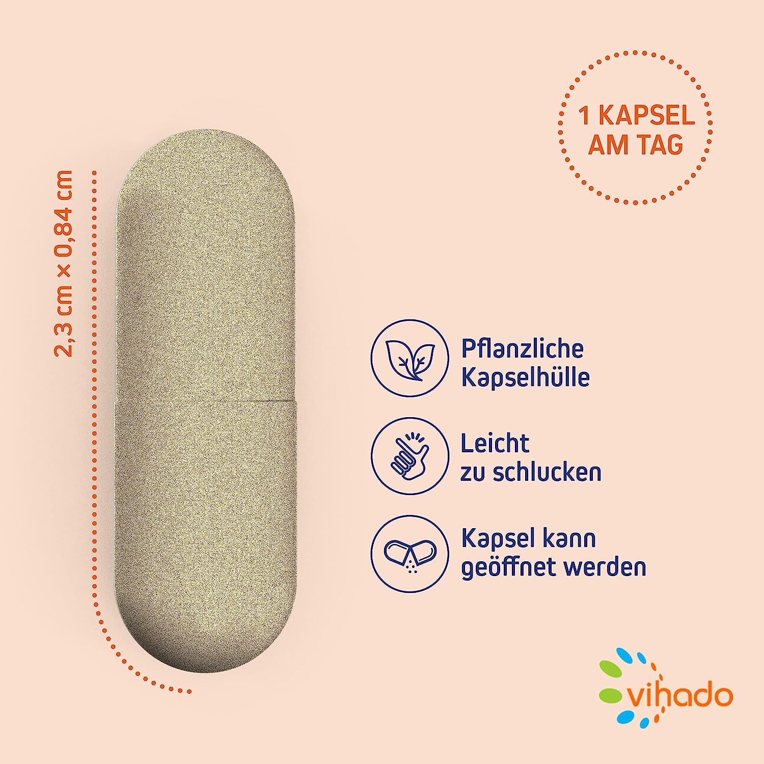 Einzelne Kapsel, beige, länglich. Maße: 2,3 cm x 0,84 cm. Text: Pflanzliche Kapselhülle, leicht zu schlucken, Kapsel kann geöffnet werden.