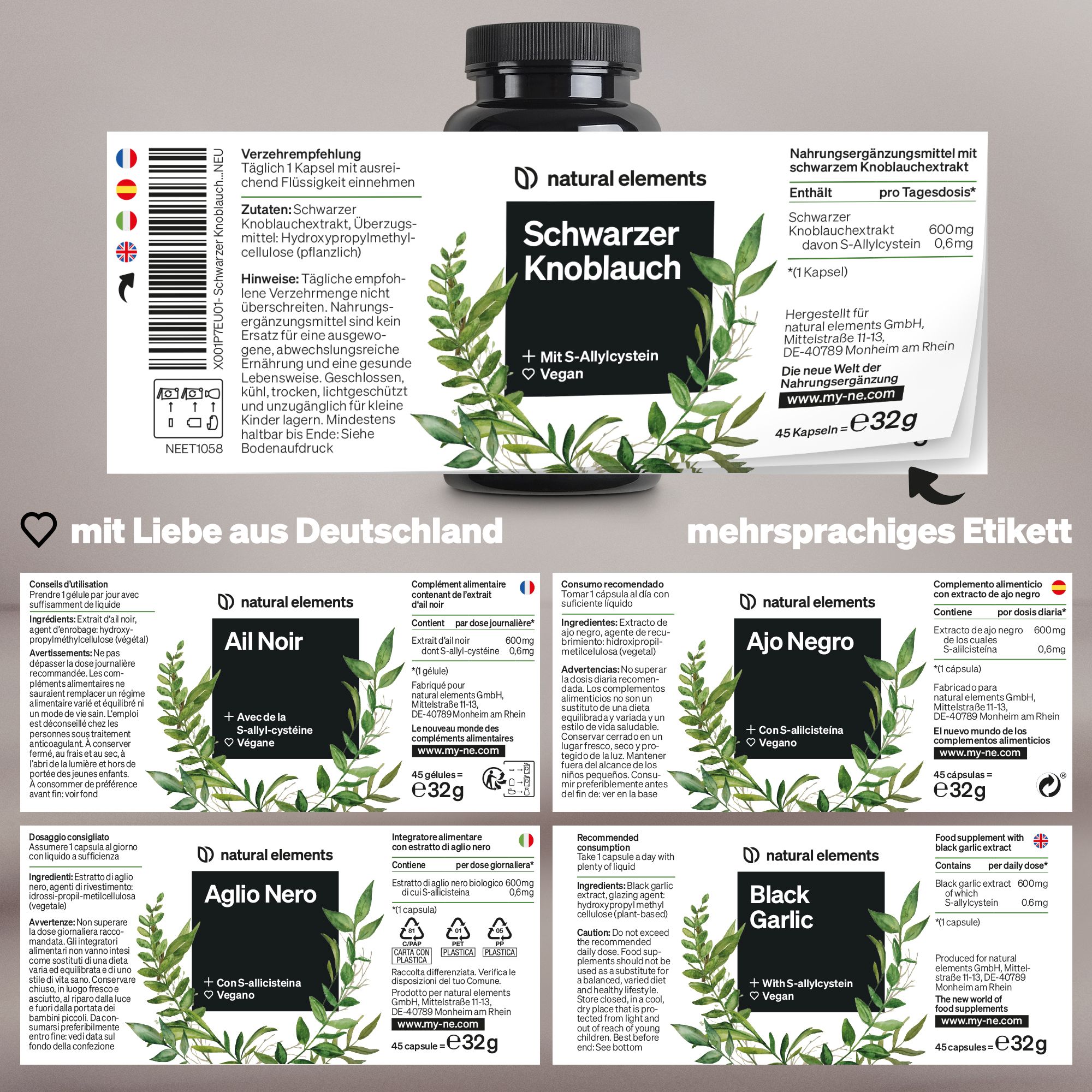 natural elememts Schwarzer Knoblauch – 45 Kapseln mit je 600mg – Wunderknolle mit S-Allylcystein