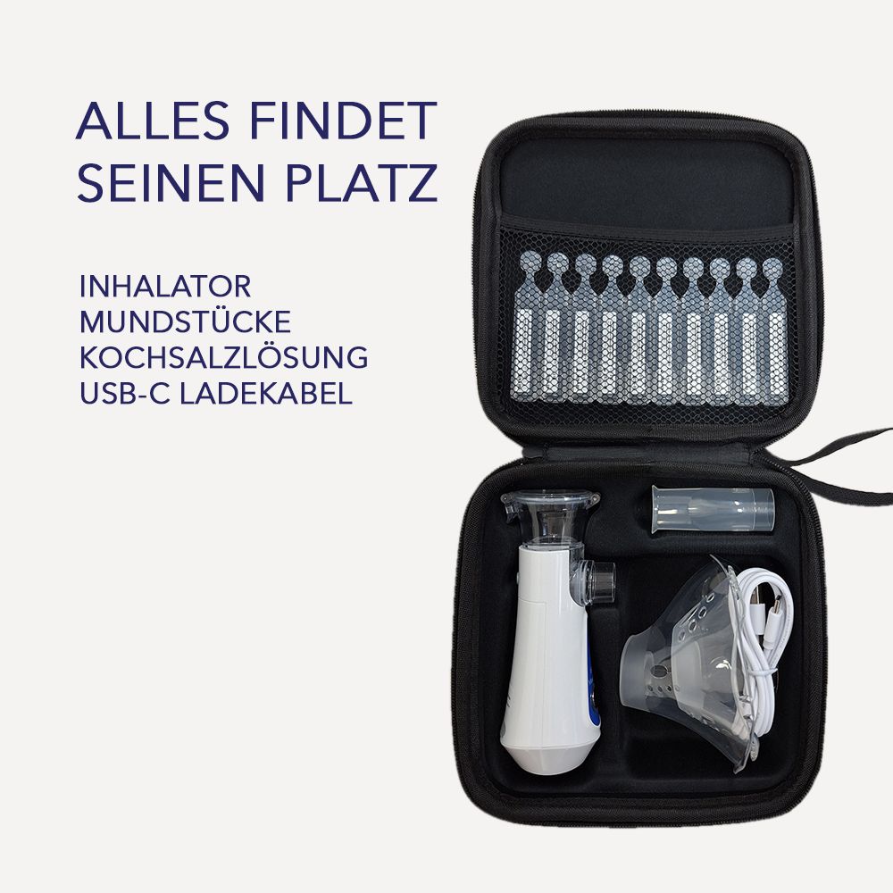 Schwarze Tragetasche mit Inhalationsgerät und Zubehör. Gerät, Maske, Kochsalzlösung, USB-C Kabel. Alles findet seinen Platz.