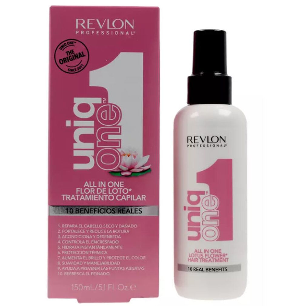 Haarkur-Flasche und Verpackung. Rosa und weiß. Aufschrift: Uniq One, Revlon Professional, Lotusblume, 10 Vorteile.