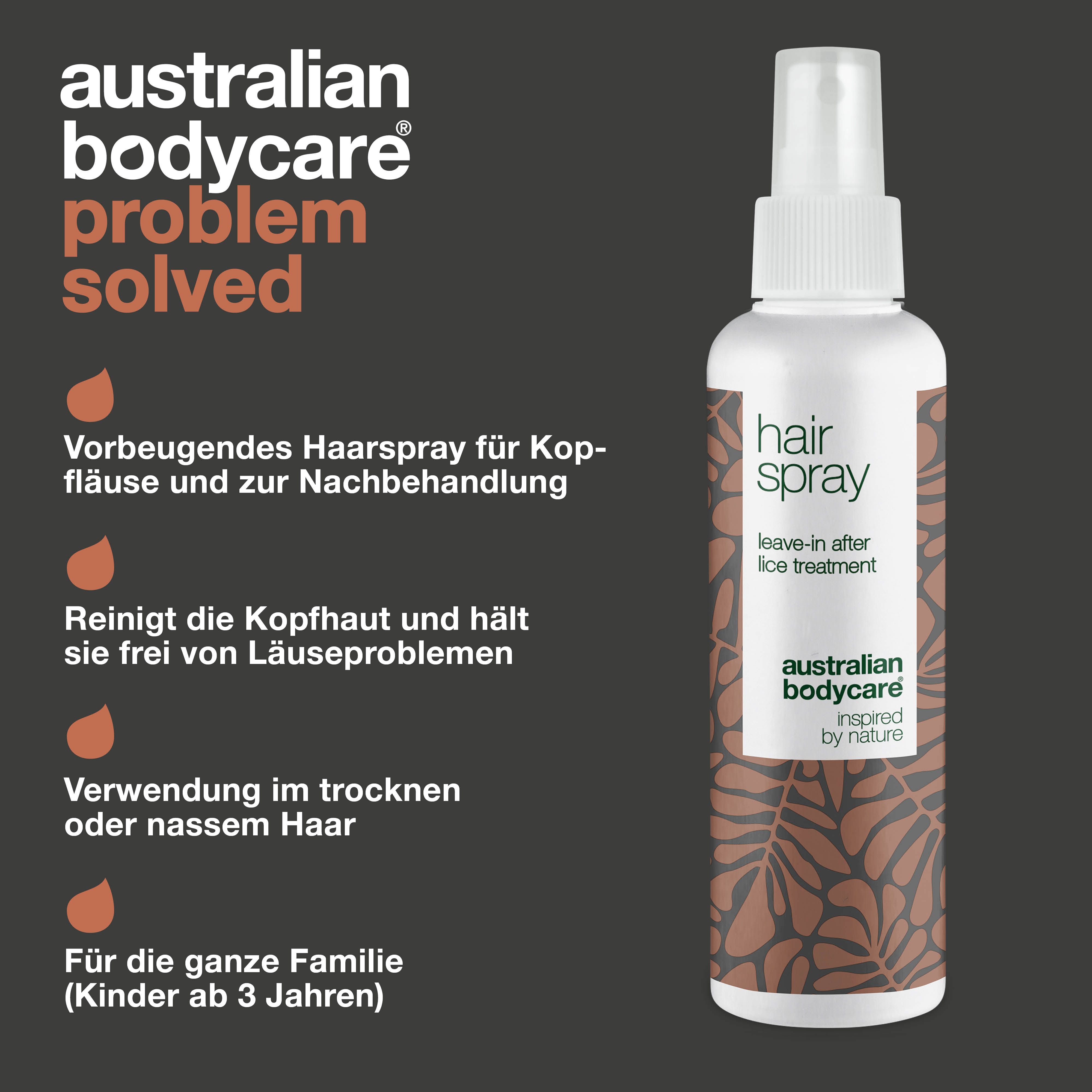 Haarspray-Flasche mit Text. Aufschrift: hair spray, leave-in after lice treatment. Text über Vorteile.