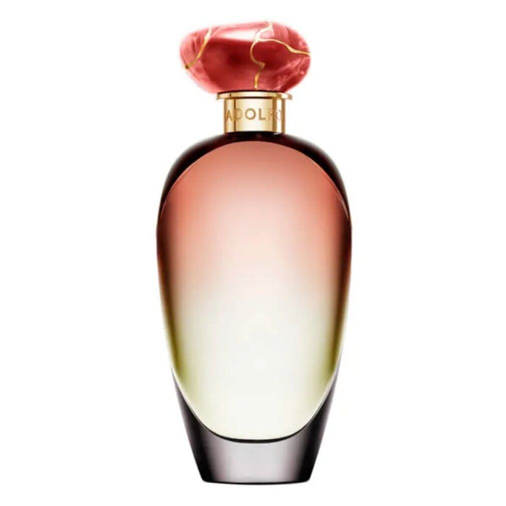 Parfümflasche mit Farbverlauf von rosa nach gelb. Roter Verschluss. Goldfarbener Hals.