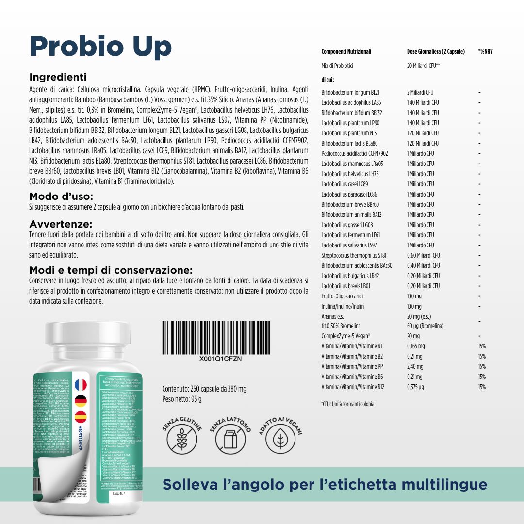 Probio Up Flasche mit Zutatenliste und Nährwertangaben. Mehrsprachige Etiketten.