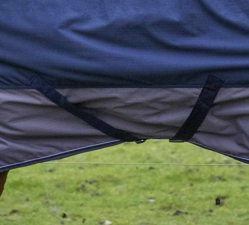 Detailansicht der Unterseite einer blauen und grauen Outdoordecke. Schwarze Gurte sind sichtbar.