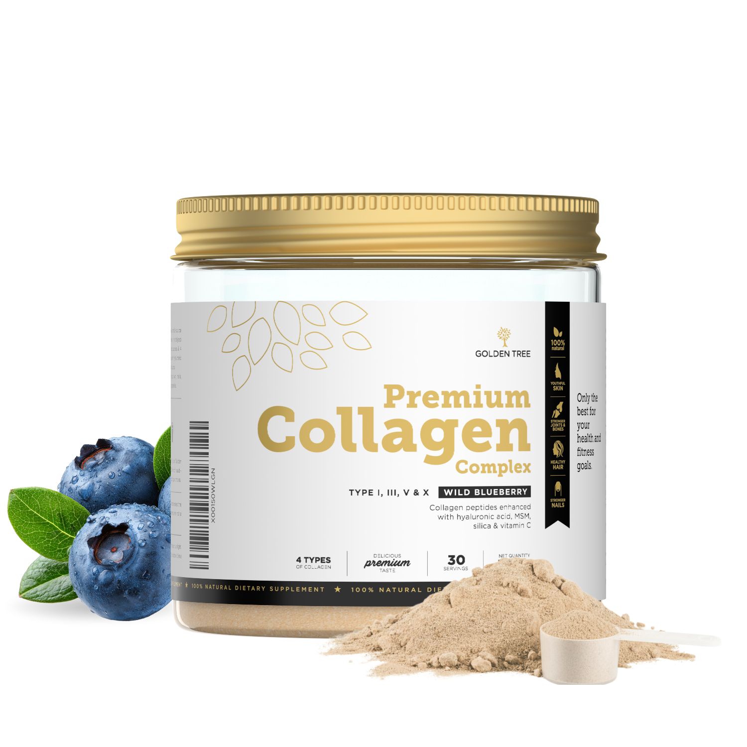 Golden Tree Premium Collagen Complex Pulver in einem Glasbehälter mit Blaubeeren.