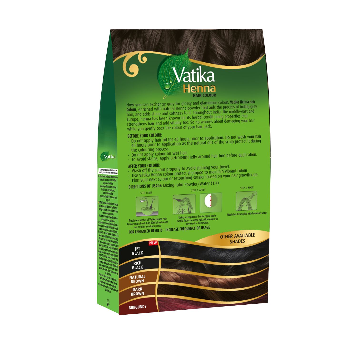 Rückseite der Vatika Henna Haarfarbe-Verpackung. Text mit Anweisungen und Farbtönen: Jet Black, Rich Black, Natural Brown, Dark Brown, Burgundy.