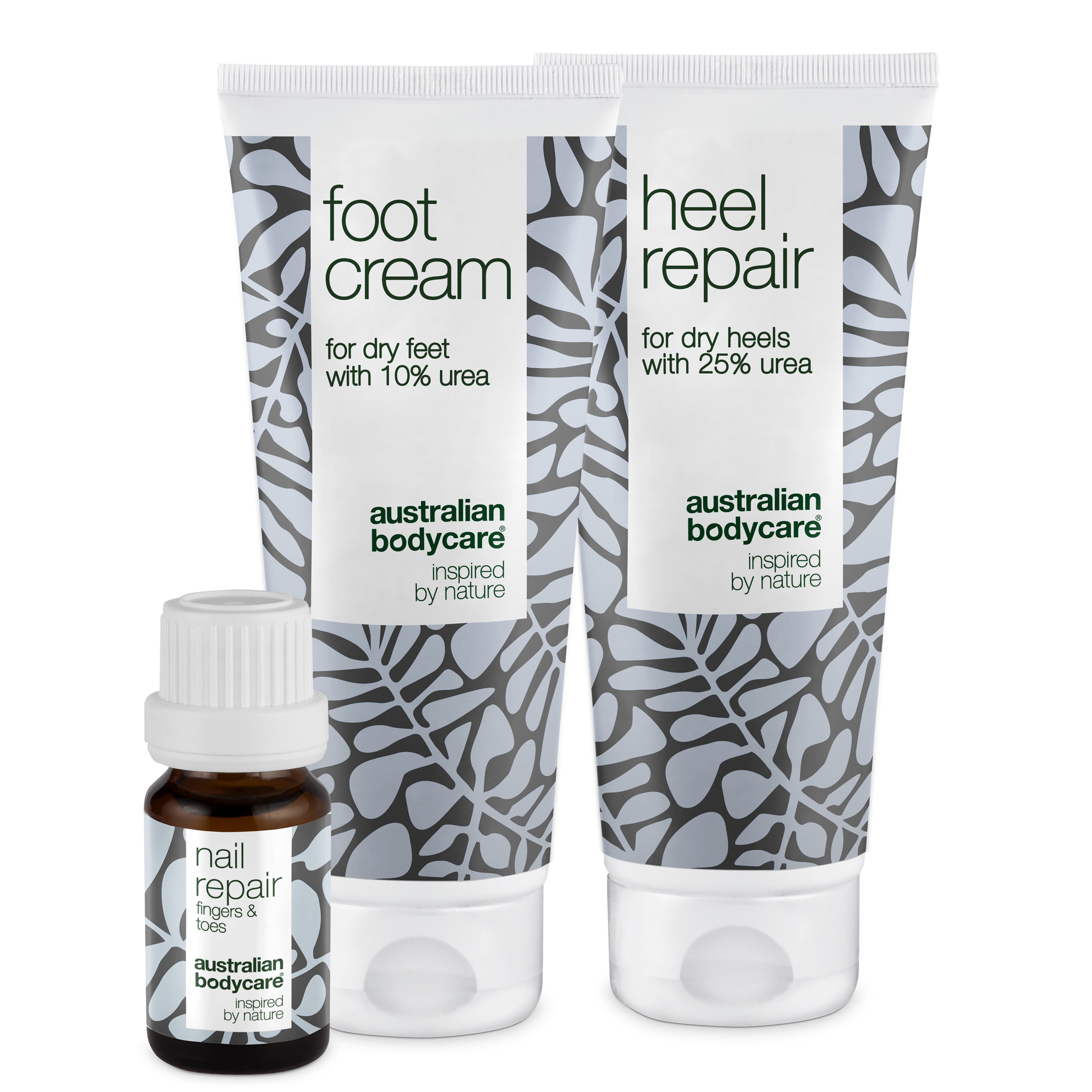 Trois tubes et une bouteille. Inscriptions : Foot Cream, Heel Repair, Nail Repair. Marque : Australian Bodycare.
