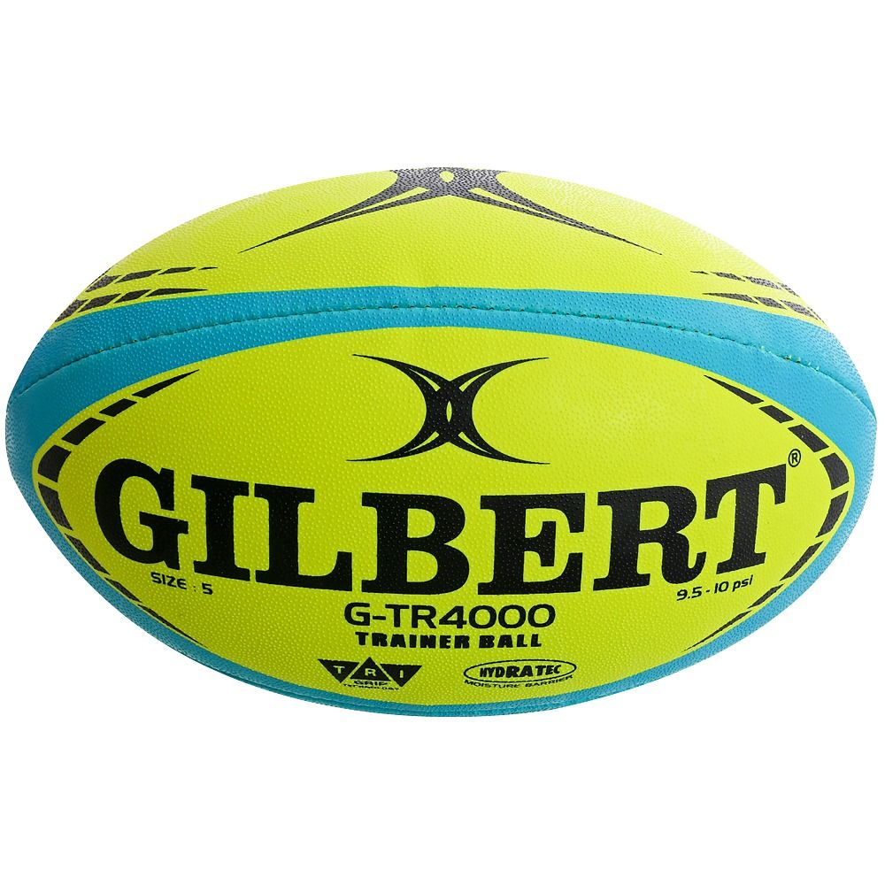Gelb-türkisfarbener Rugbyball. Aufschrift GILBERT, G-TR4000, Trainer Ball, Größe 5. Schwarze Logos und Schrift.