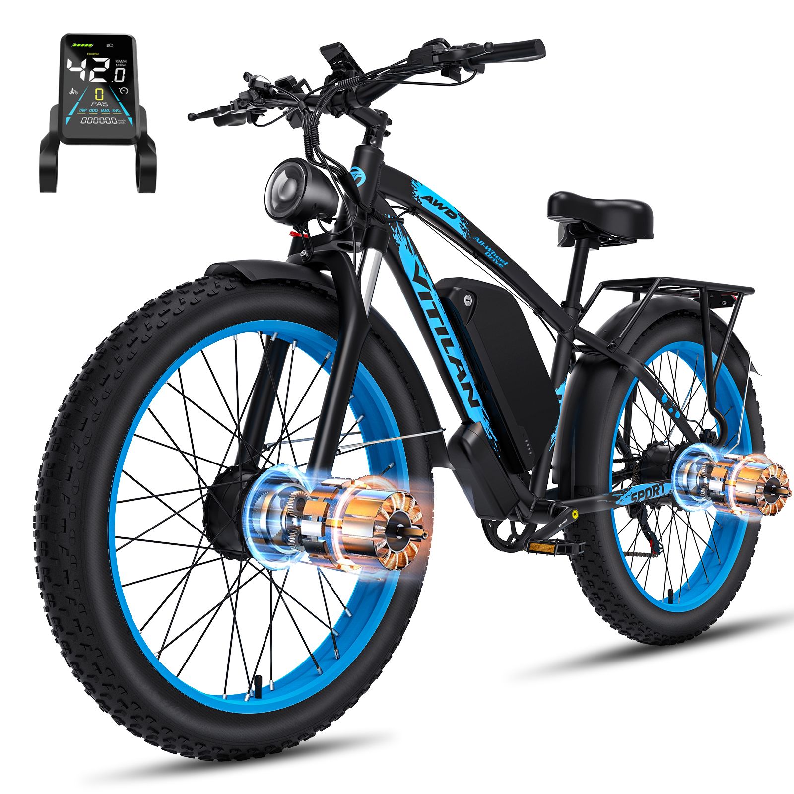 Schwarzes E-Bike mit blauen Felgen. Digitales Display links. Motoren sind sichtbar. Marke Vitilan.