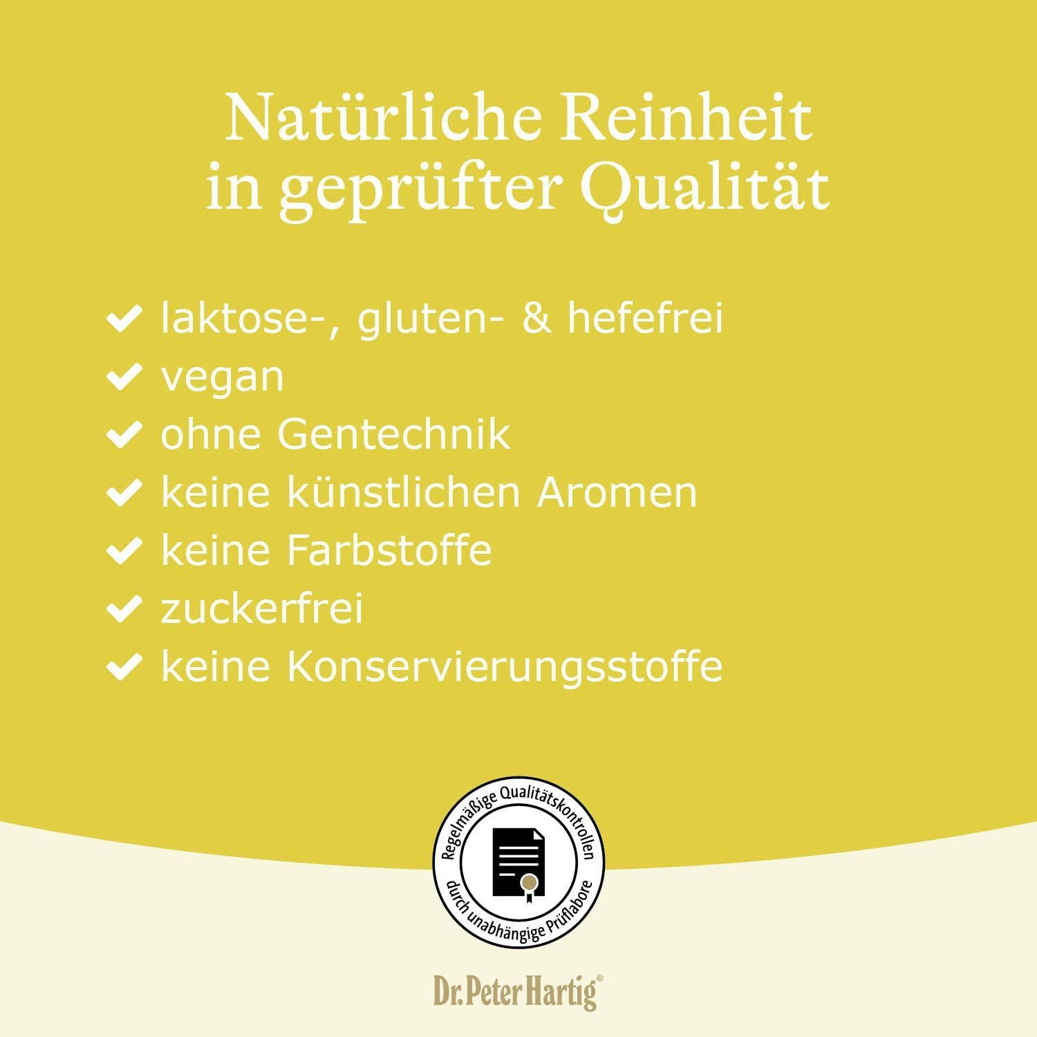 Gelber Hintergrund mit Text. Text: Natürliche Reinheit in geprüfter Qualität. Logo: Qualitätssiegel.