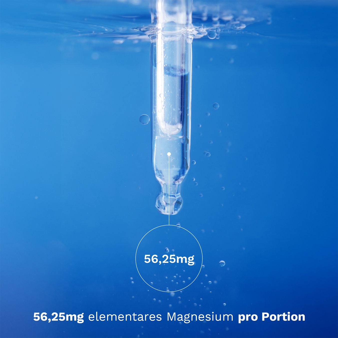 Pipette gibt Tropfen in Wasser ab. Text: 56,25mg elementares Magnesium pro Portion.