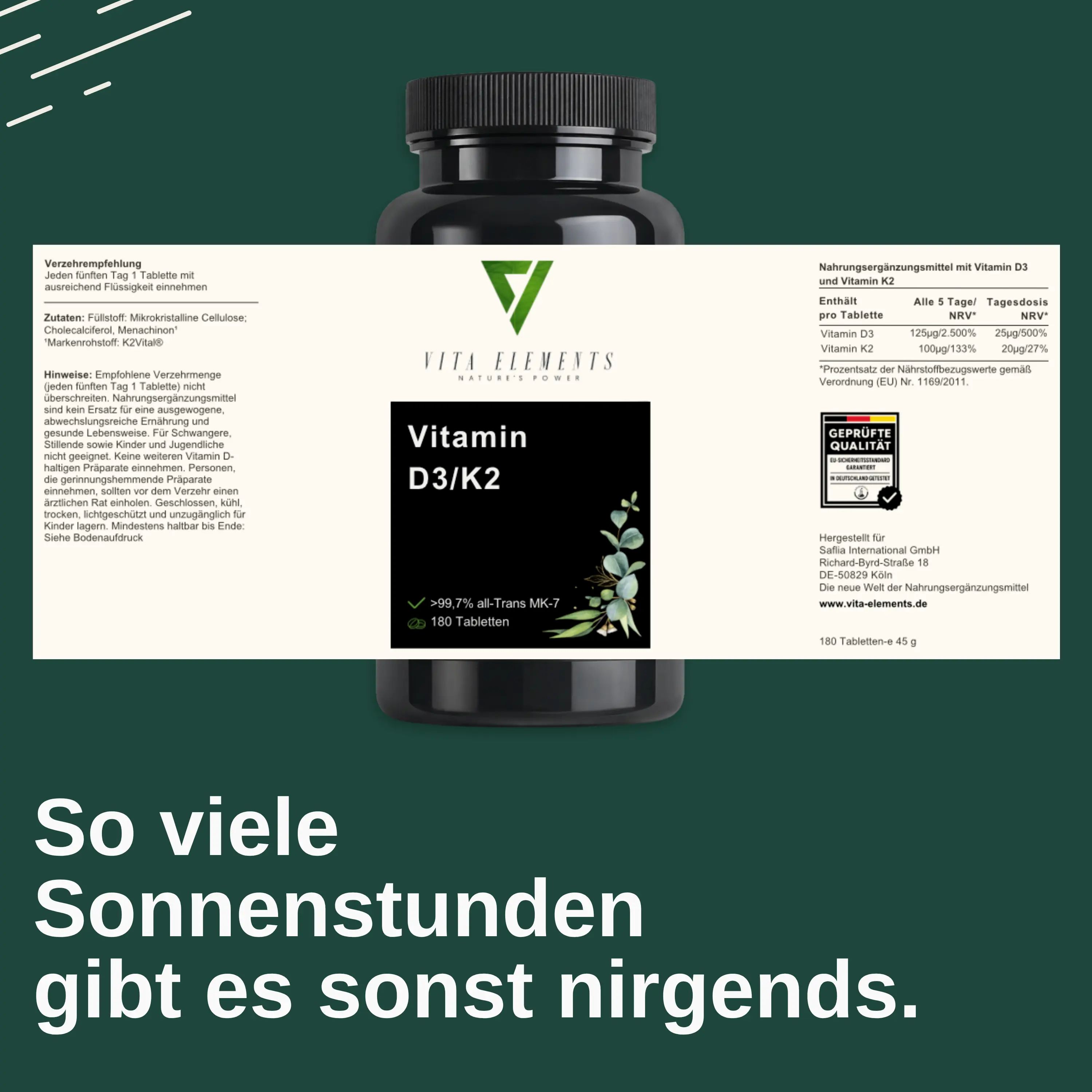 Etikett von Vita Elements Vitamin D3/K2: Enthält >99,7% all-Trans MK-7, 180 Tabletten. Geprüfte Qualität.