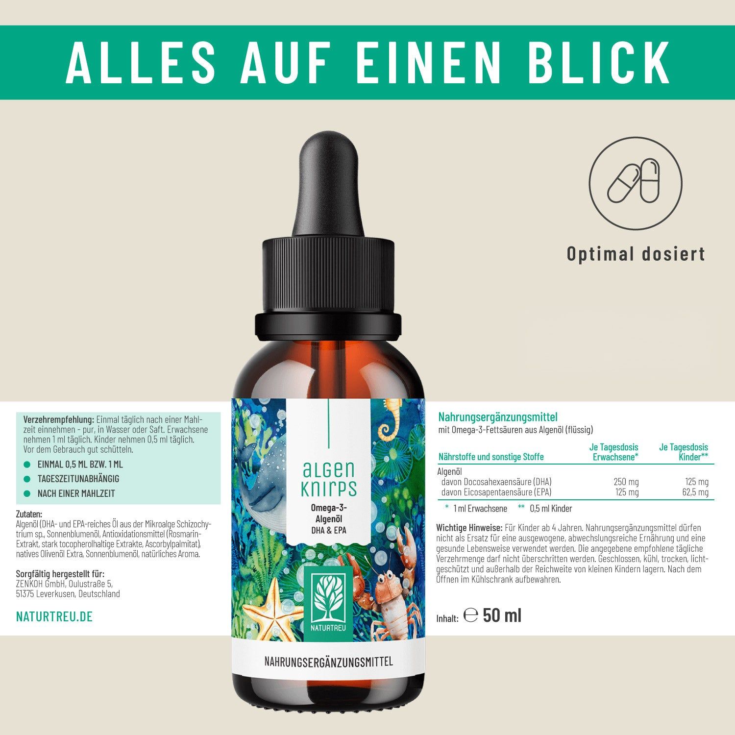 Flasche Algenknirps Omega-3 Algenöl mit Pipette, mit Orangen- und Meeresmotiv.