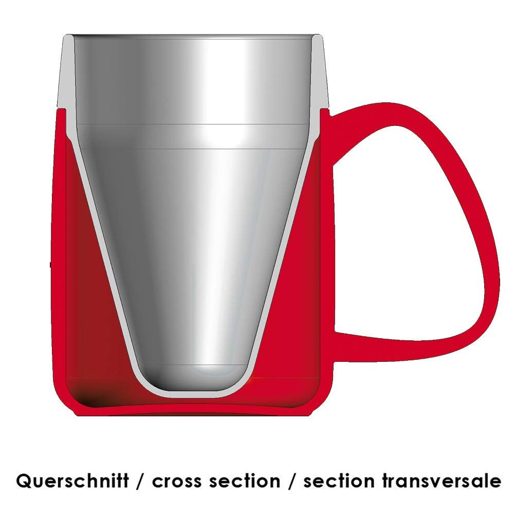 Querschnitt durch einen roten Becher mit Edelstahl-Innenbecher.