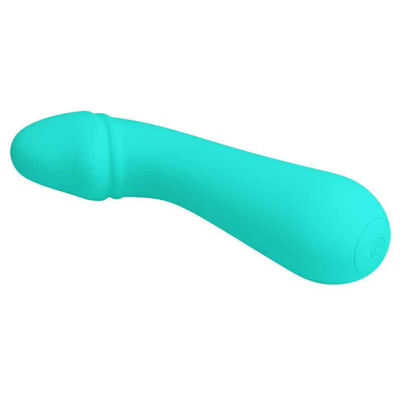 Türkisfarbener Vibrator mit gebogener Form. Oberteil mit abgerundeter Spitze. Glatte Oberfläche.