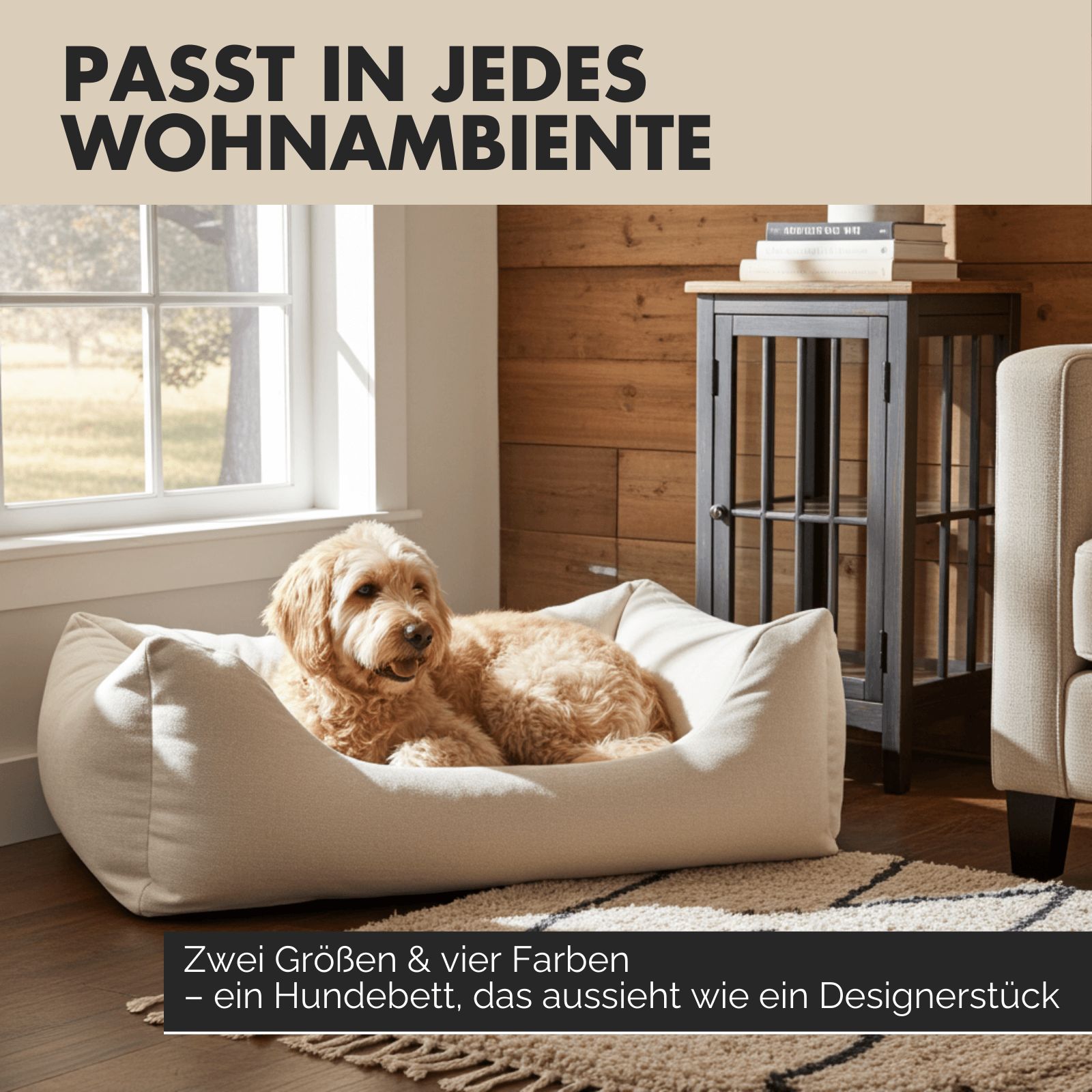 Beiges Hundebett mit Hund in Wohnumgebung. Text: Passt in jedes Wohnambiente, zwei Größen & vier Farben.