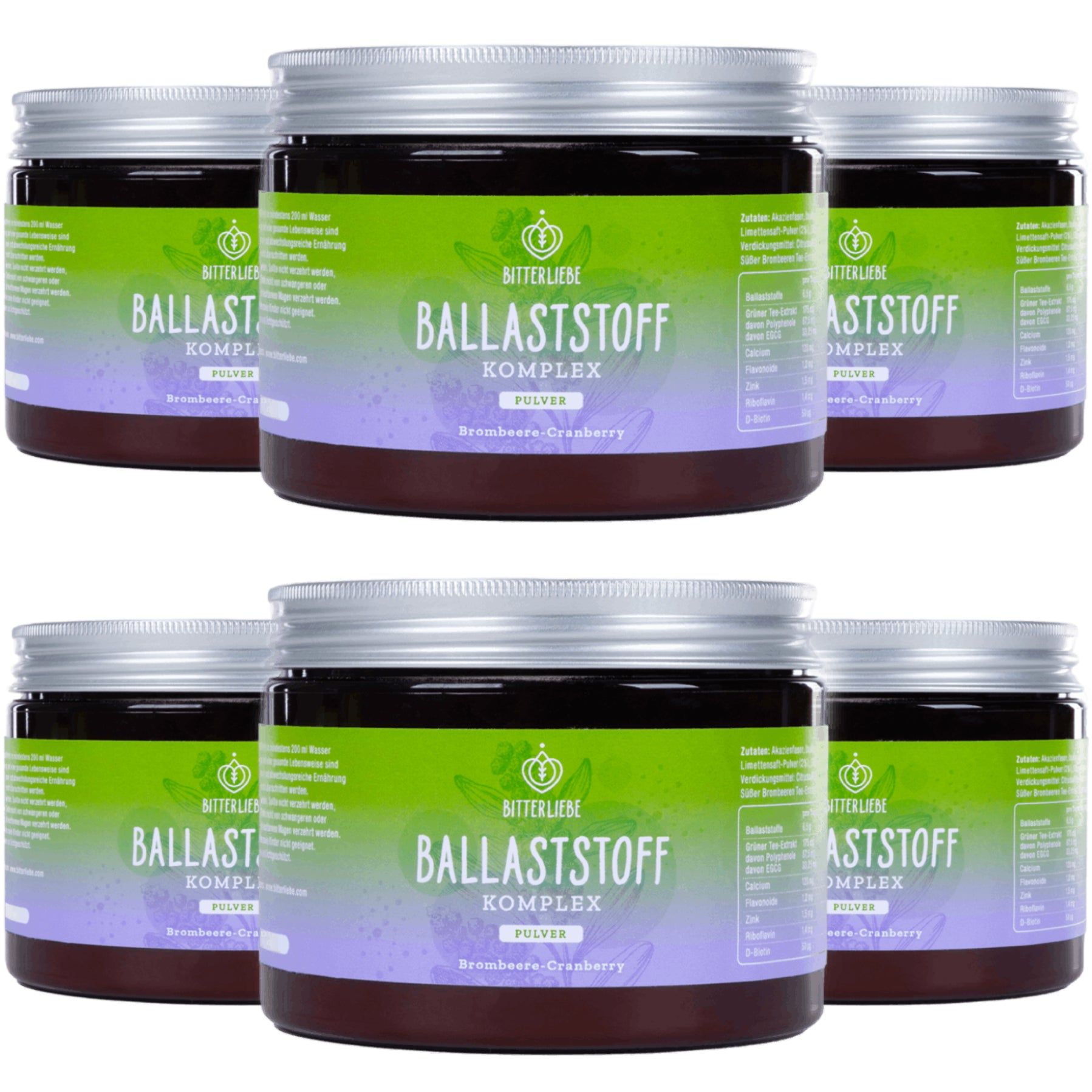 Sechs Dosen BitterLiebe Ballaststoff Komplex. Runde Dosen mit silbernen Deckeln und grünen Etiketten. Text: Ballaststoff Komplex, Brombeere-Cranberry.