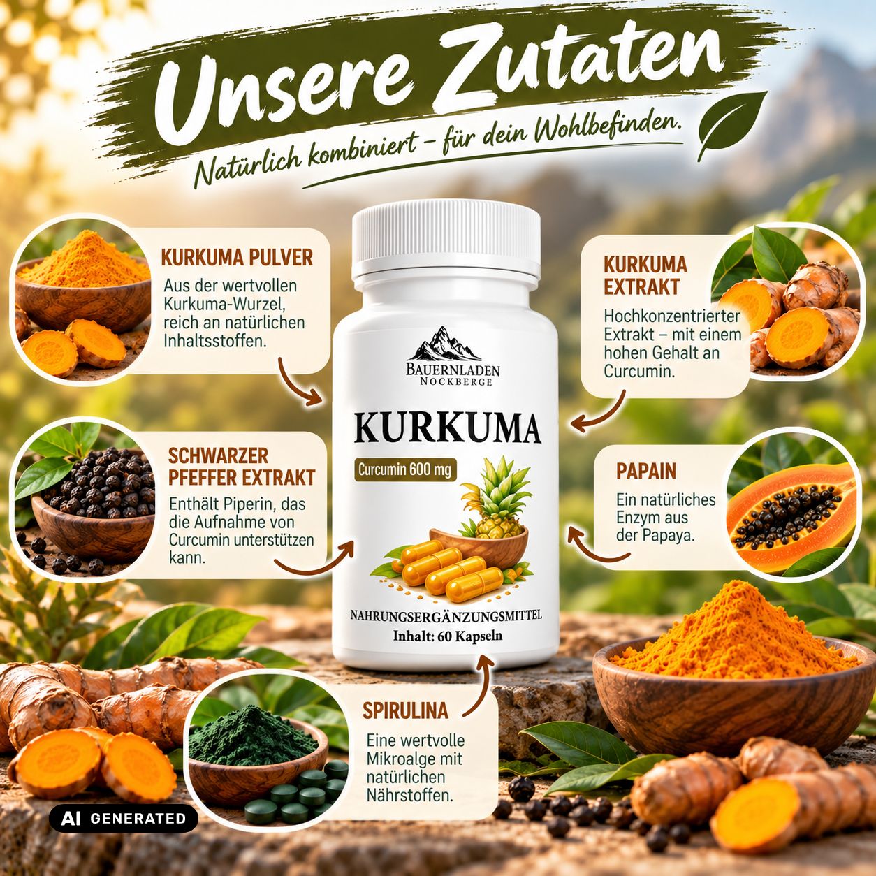 Flasche mit Kurkuma-Nahrungsergänzungsmitteln, mit Etikett 'BAUERNLADEN NOCKBERGE'.