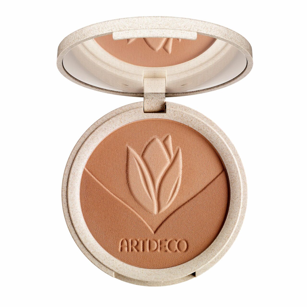 Runder Bronzer-Kompaktpuder mit Spiegel. Zwei Farbtöne, geprägt mit einem floralen Muster. Marke: Artdeco.