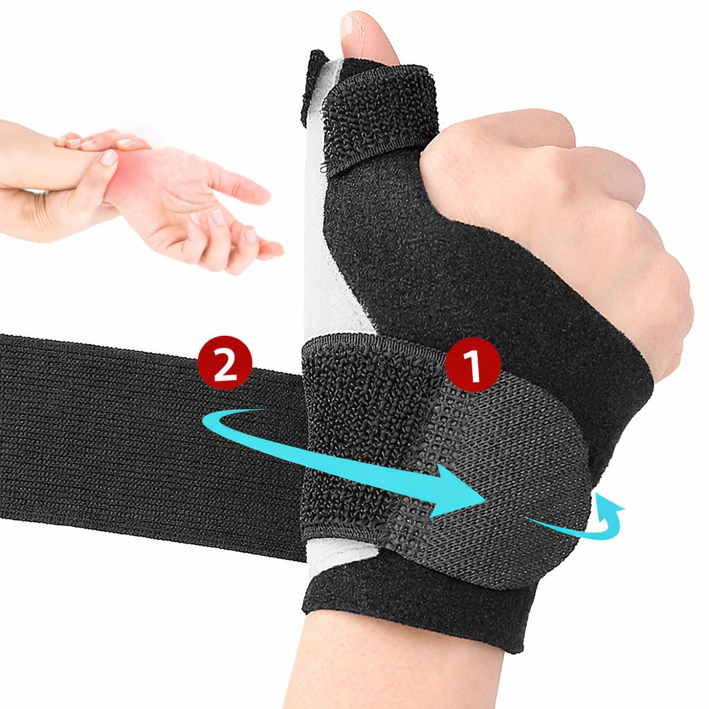 Daumen-Handgelenk-Bandage. Schwarz-weiß. Klettverschluss. Handgelenk und Daumen. Pfeil zeigt die Richtung des Verschlusses.