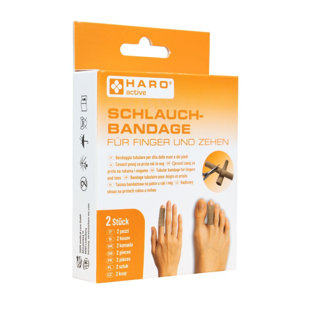 Verpackung mit Schlauchbandage für Finger und Zehen. Marke HARO active. 2 Stück. Finger und Zeh mit Bandage abgebildet.