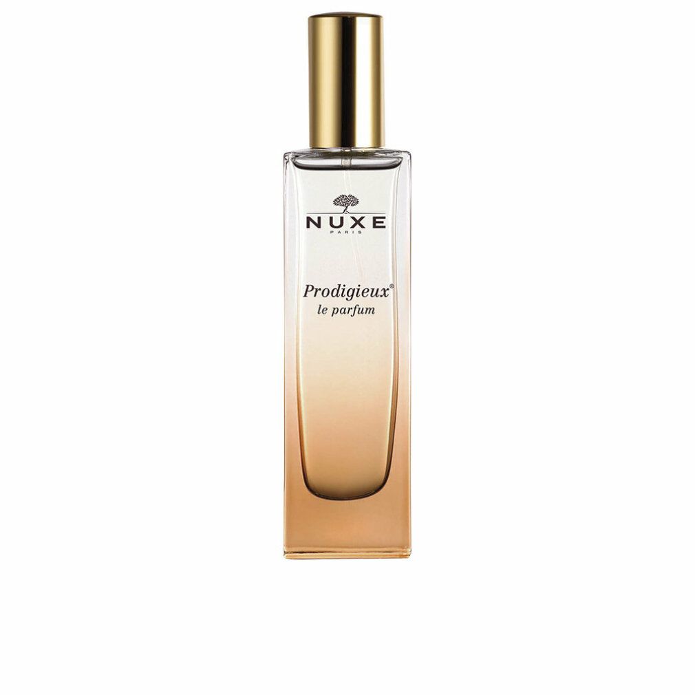 Parfümflakon mit goldfarbenem Verschluss. Aufschrift: NUXE, Prodigieux le parfum. Farbverlauf von transparent zu gold.