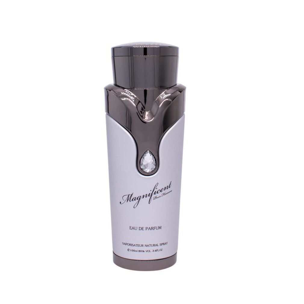 Armaf Magnificent Eau de Parfum Flakon mit silbernem und grauem Design, verziert mit einem Kristall.