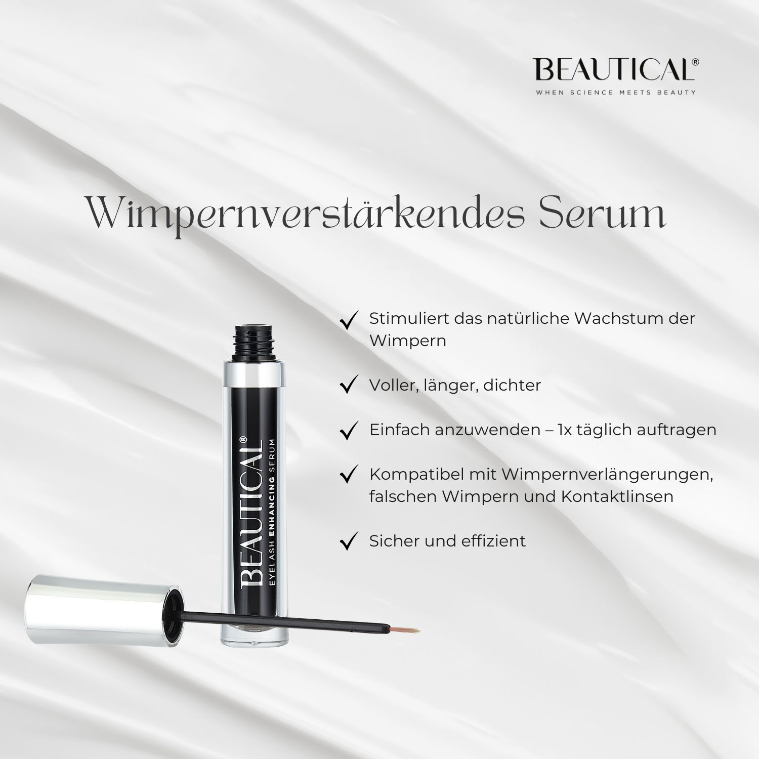 BEAUTICAL Wimpernserum. Schwarze Flasche mit Applikator. Silberner Deckel. Vorteile.