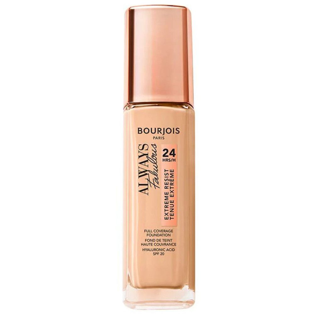 Bourjois Always Fabulous Foundation-Flakon. Schwarzer Pumpverschluss, roségoldener Deckel. Text auf dem Flakon.