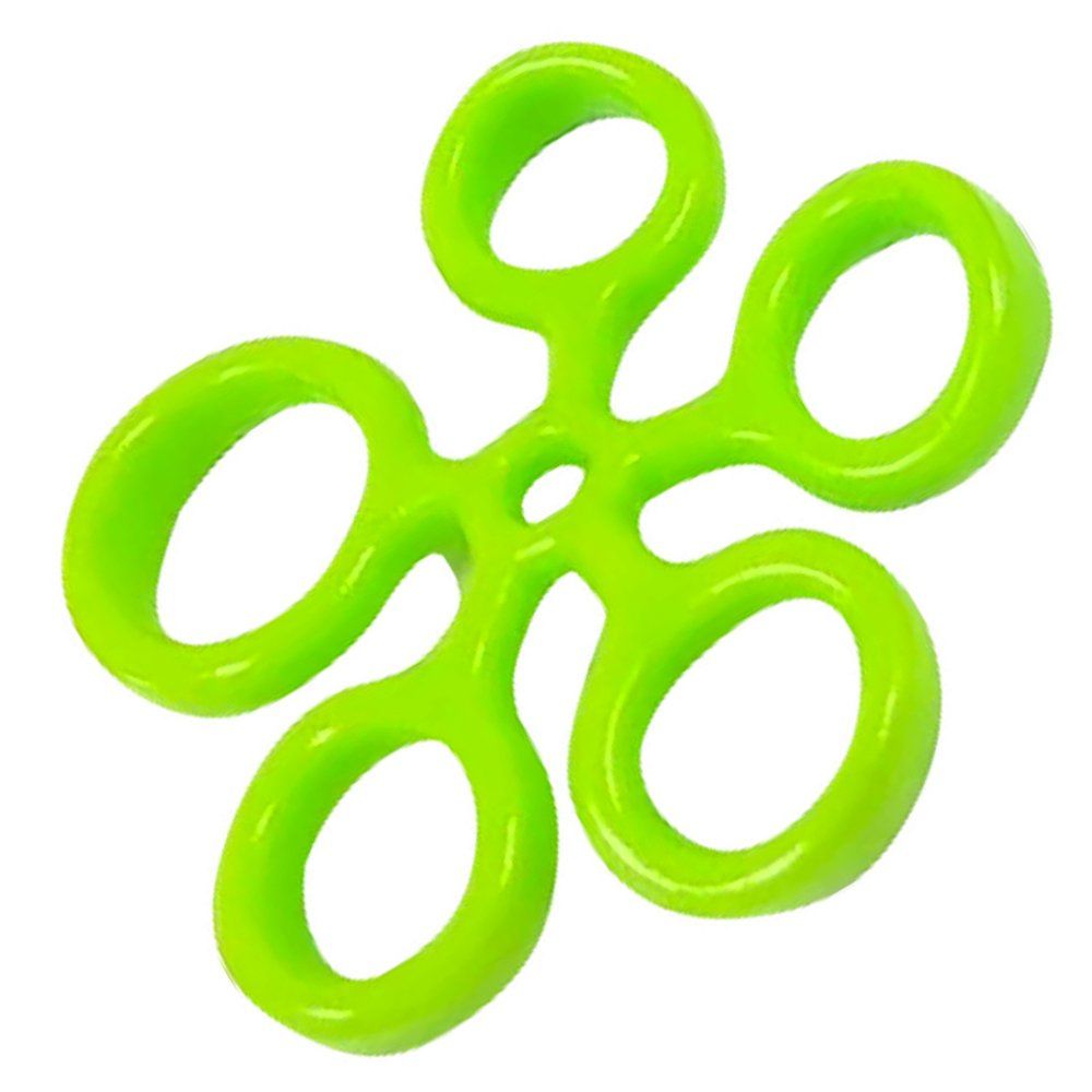 Ein grüner Fingertrainer, sternförmig mit fünf Ringen, aus flexiblem Material.
