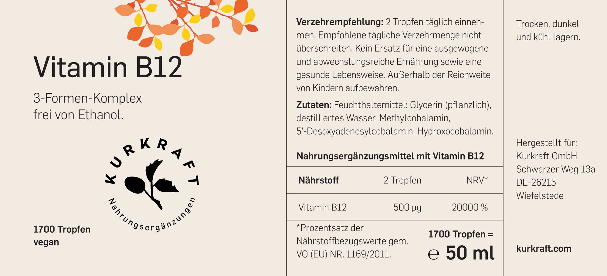 Etikett Vitamin B12. 3-Formen-Komplex, frei von Ethanol. 1700 Tropfen vegan.