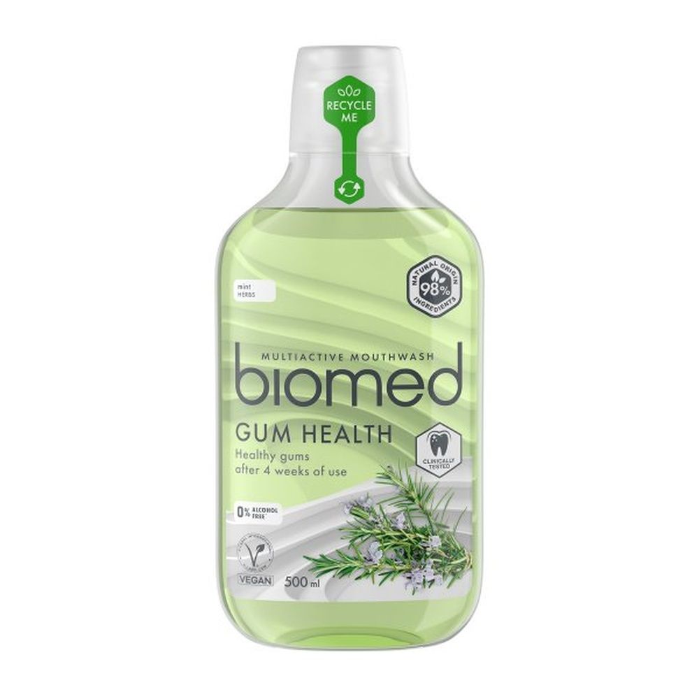 Grüne Mundspülung-Flasche mit weißem Deckel. Aufschrift: biomed Gum Health. Vegan, 0% Alkohol. Mit Rosmarinzweig-Illustration.