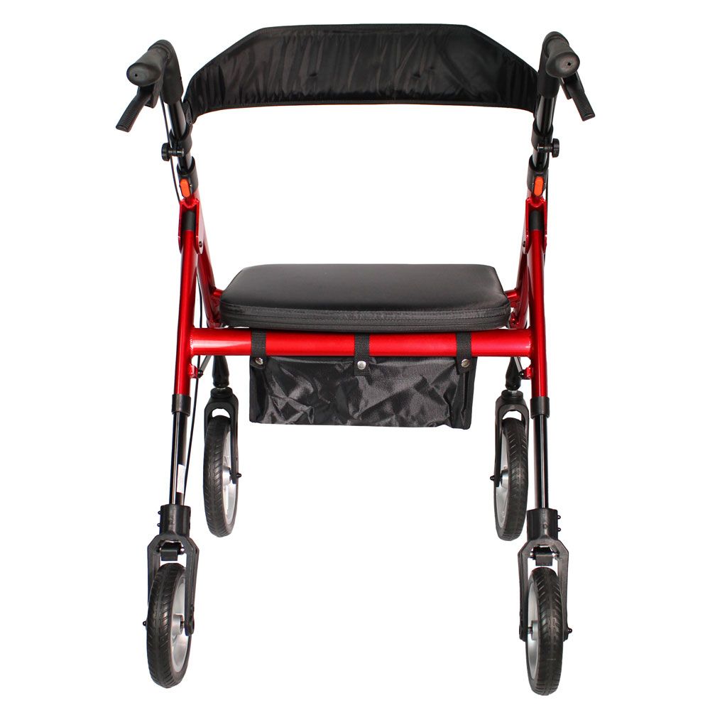 Rollator, Frontansicht. Roter Rahmen, schwarzer Sitz und Rückenlehne. Vier Räder, Einkaufstasche und Handbremsen.